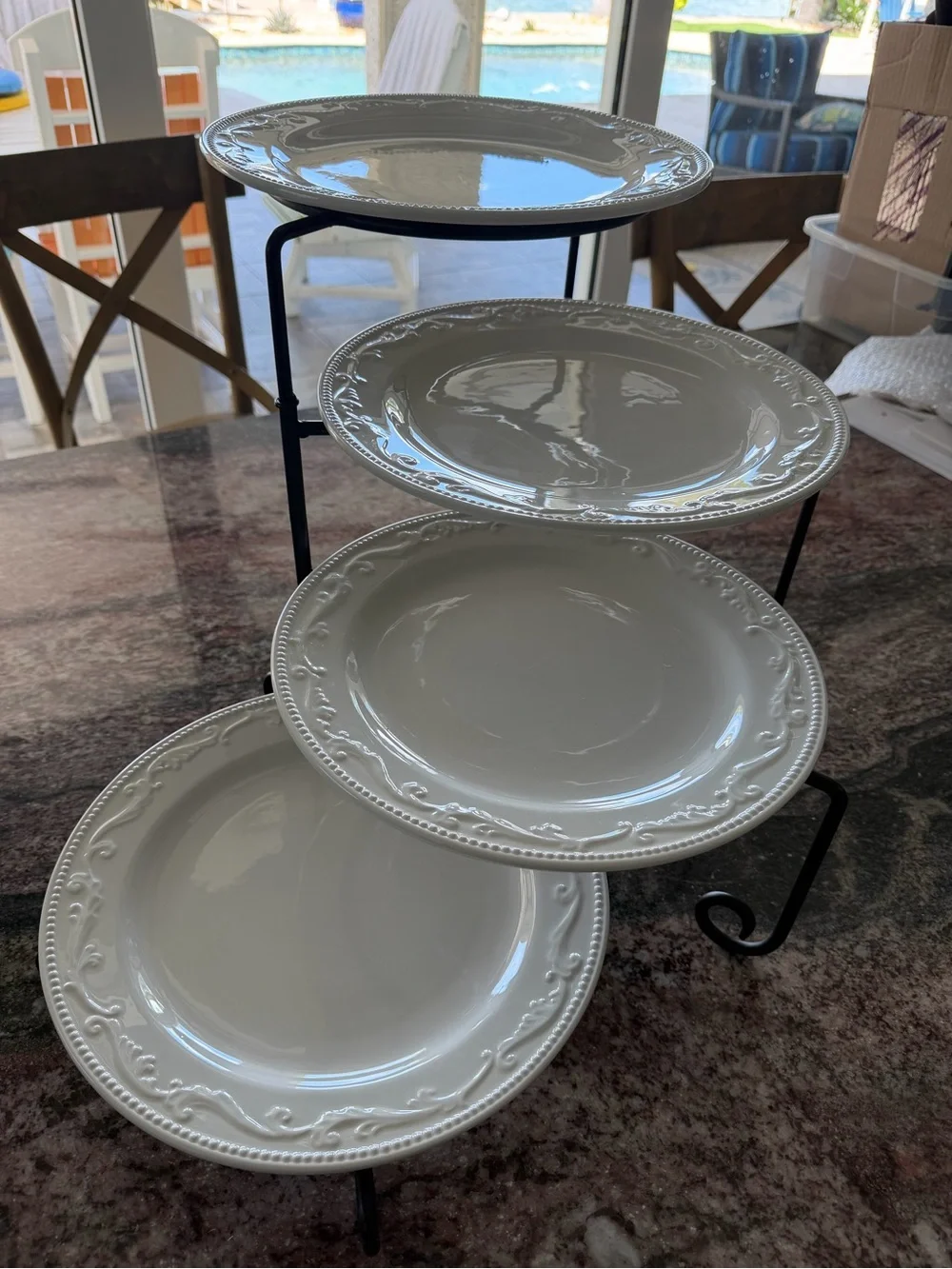 Ceramic Serving / Hostess Plate Set on Metal Serving Stand - Home Dining